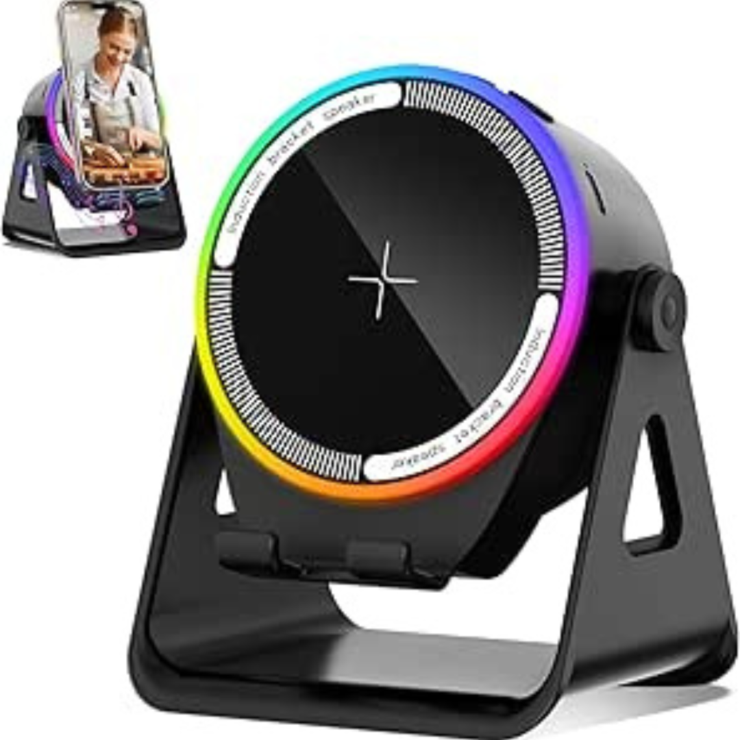 4-in-1 Wireless Induction Bluetooth Speaker with RGB Lights | 360° Rotating Phone Stand