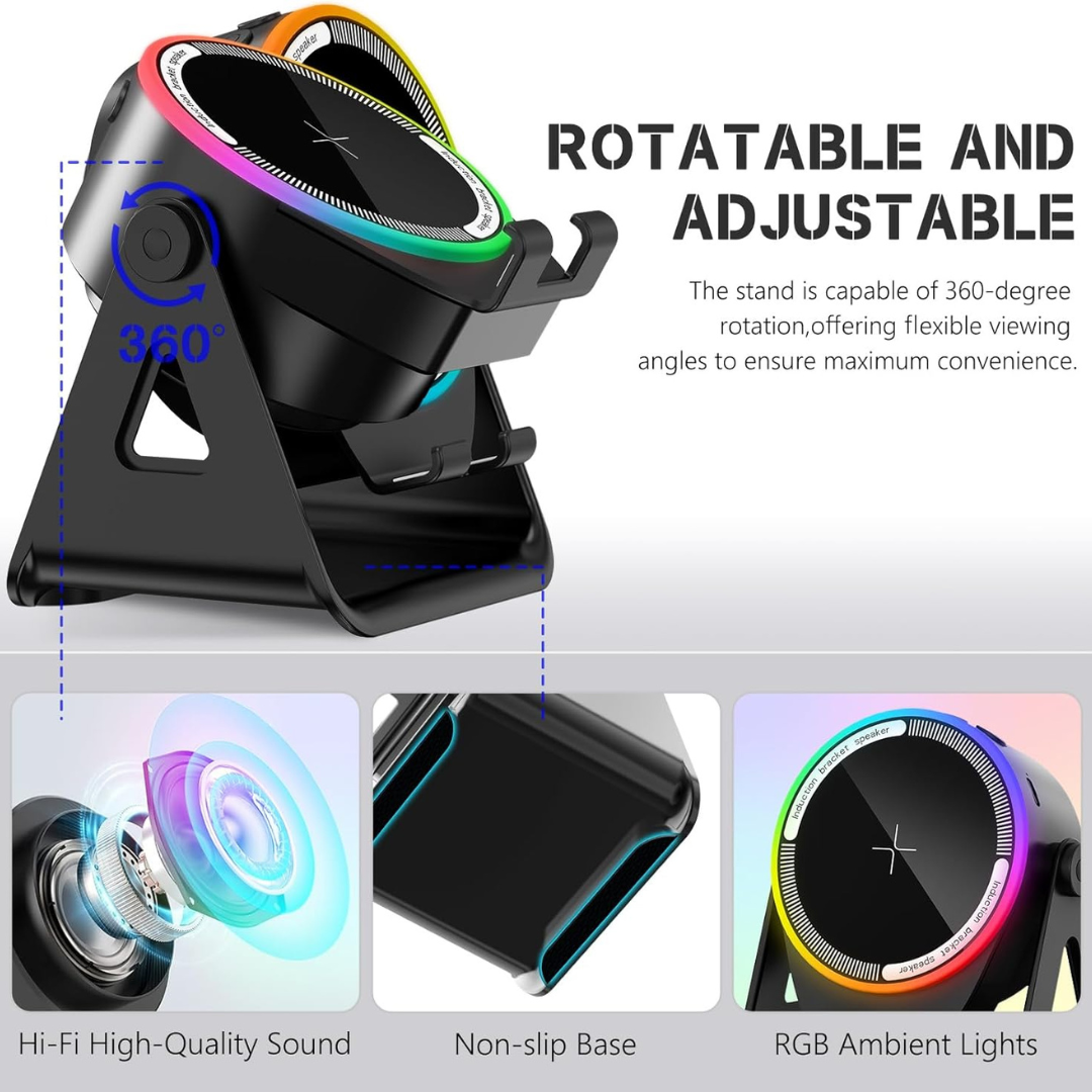 4-in-1 Wireless Induction Bluetooth Speaker with RGB Lights | 360° Rotating Phone Stand