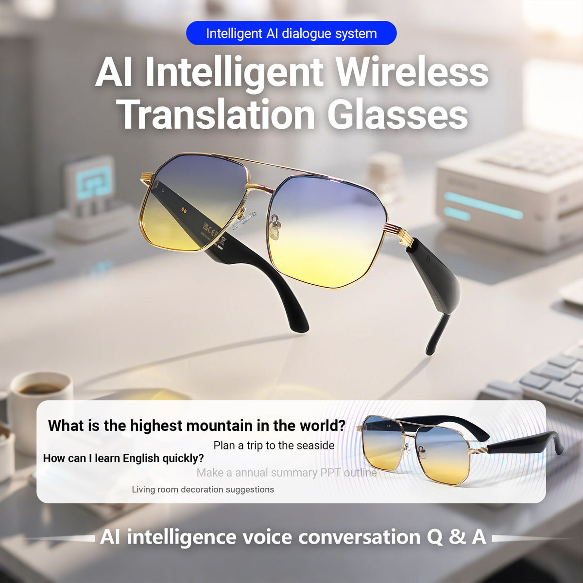 AI Smart Translation Glasses with Bluetooth | Real-Time Translator | AI Voice Assistant | Open-Ear Audio | UV Protection