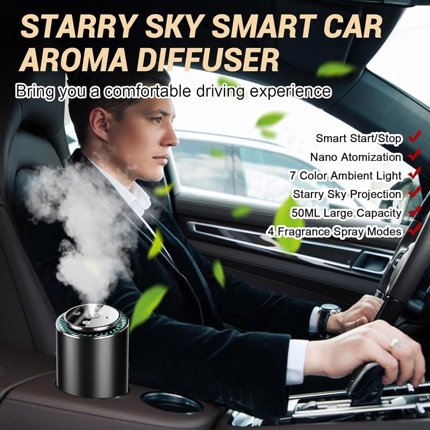 Smart Car Aroma Diffuser with Starry Sky Projector & 7-Color Ambient Light