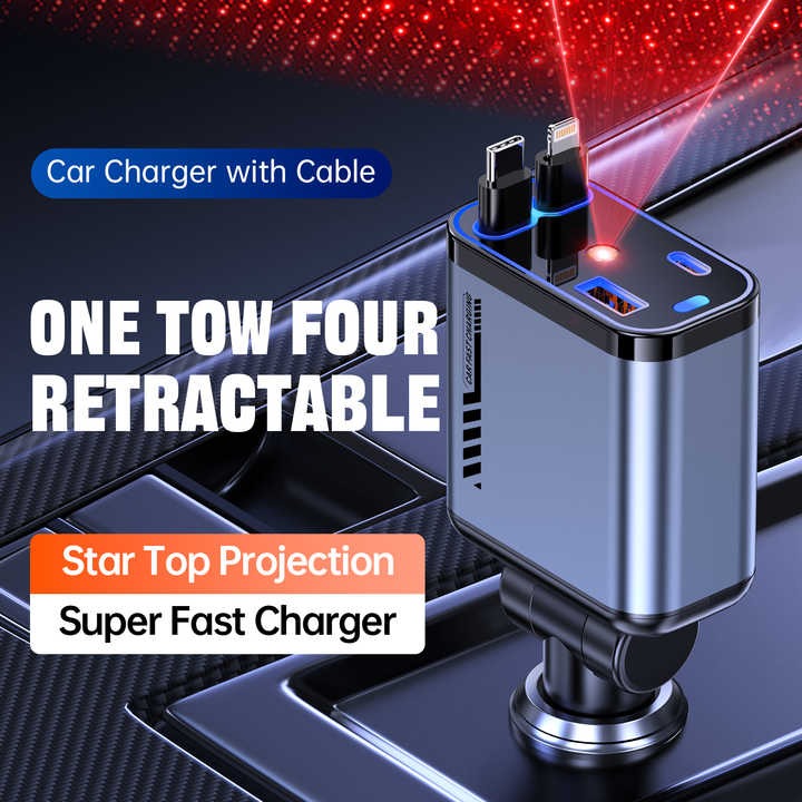 66W Retractable Fast Car Charger – 4-in-1 Multi-Device Charging Adapter