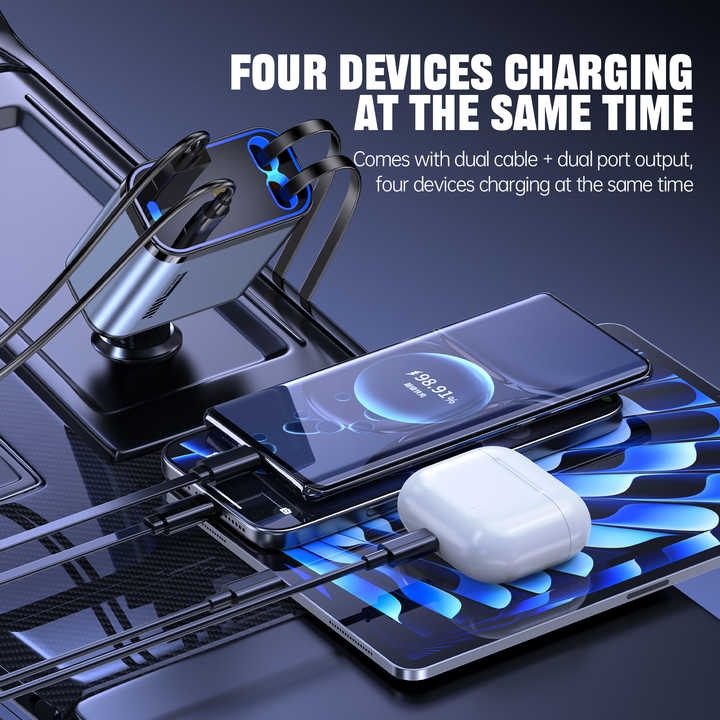 66W Retractable Fast Car Charger – 4-in-1 Multi-Device Charging Adapter