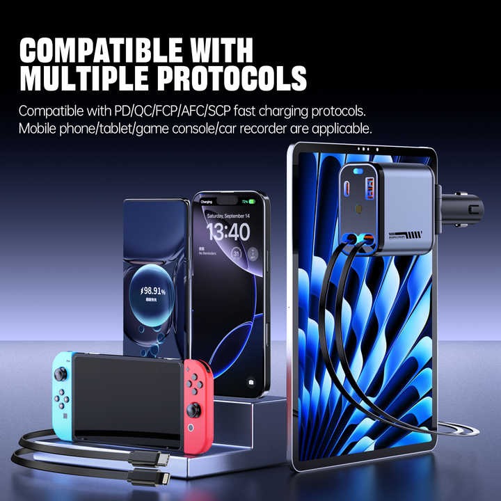 66W Retractable Fast Car Charger – 4-in-1 Multi-Device Charging Adapter