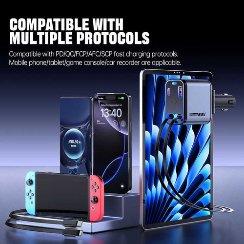 66W Retractable Fast Car Charger – 4-in-1 Multi-Device Charging Adapter